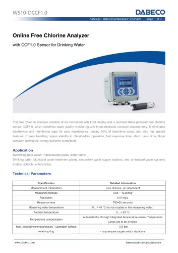 Online Free Chlorine Analyzer with CCF1.0 Sensor for Drinking Water