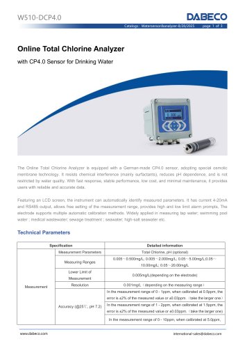 W510-DCP4.0 Online Total Chlorine Analyzer with CP4.0 Sensor for Drinking Water