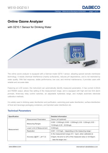 W510-DOZ10.1 Online Ozone Analyzer with OZ10.1 Sensor for Drinking Water