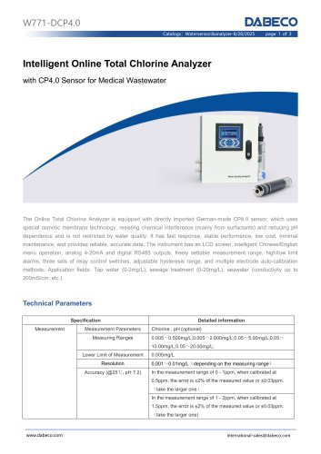 W771-DCP4.0 Intelligent Online Total Chlorine Analyzer with CP4.0 Sensor for Medical Wastewater