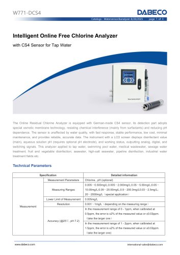 W771-DCS4 Intelligent Online Free Chlorine Analyzer with CS4 Sensor for Tap Water