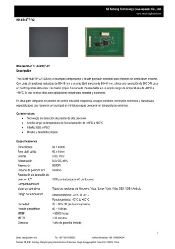Especificaci&oacute;n del M&oacute;dulo de Panel T&aacute;ctil Industrial KH-6549TP-V2
