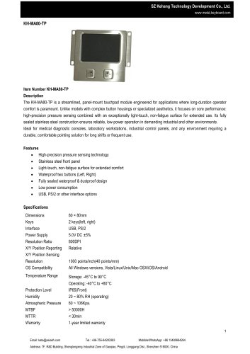 SZ KEHANG Panel Mount Waterproof Stainless Steel Touchpad KH-MA80-TP
