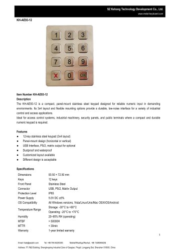 SZ KEHANG Waterproof Industrial Metal Keypad KH-AE93-12