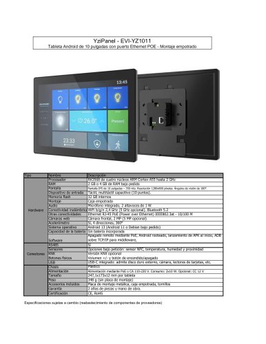 EVI-YZ1011 : Tableta Android de 10 pulgadas con puerto Ethernet POE - Montaje empotrado
