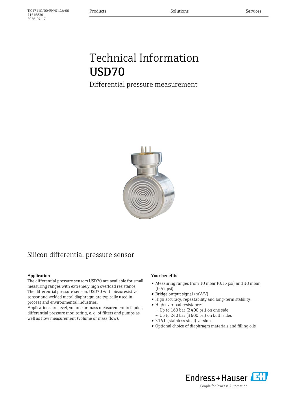 Technical information - Deltacore USD70 - Endress+Hauser Sensors & Components