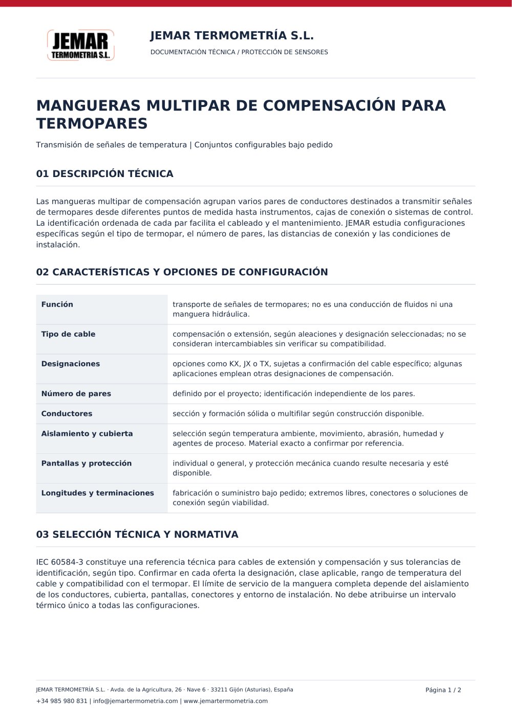 Manguera de compensaci&oacute;n multipar para termopares - Jemar Termometr&iacute;a S.L.