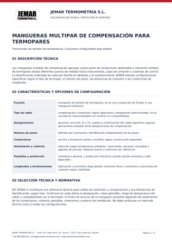 Manguera de compensación multipar para termopares