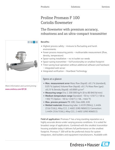Proline Promass F 100 Coriolis flowmeter
