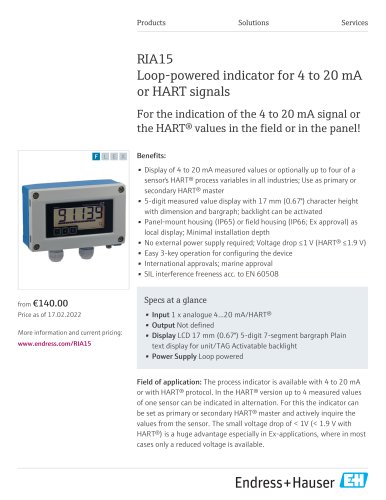 RIA15 Loop-powered indicator for 4 to 20 mA or HART signals