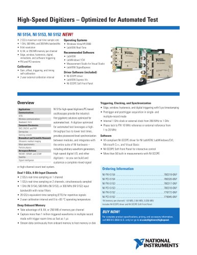 NI PXI-5154 2 GS/s Digitizer/Oscilloscope, Optimized for Automated Test