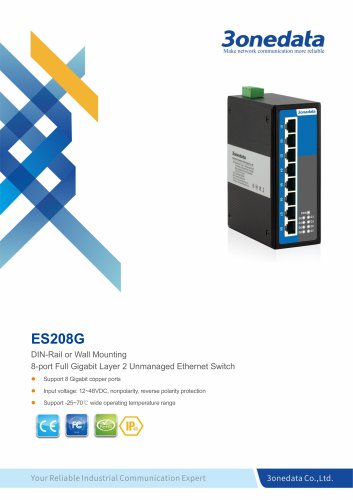 3onedata | ES208G | Unmanaged | DIN rail | 8 ports Gigabit Ethernet Switch