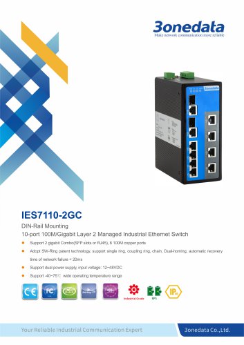 3onedata | IES7110-2GC | Managed | DIN rail | 8 ports Industrial Ethernet Switch with 2 Gigabit Combo ports | Transportation