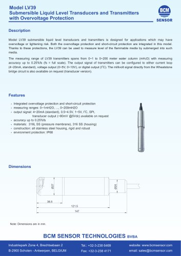 LV39 Liquid Level Transducers And Transmitters With Overvoltage Protection