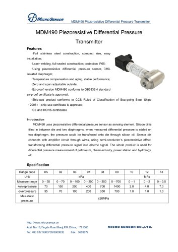 Accurate Differential Pressure Transmitter MDM490