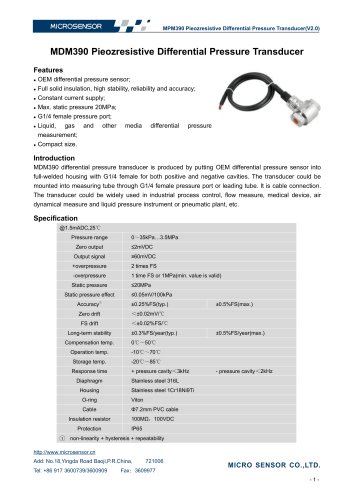 MDM390 Pieozresistive Differential Pressure Transducer