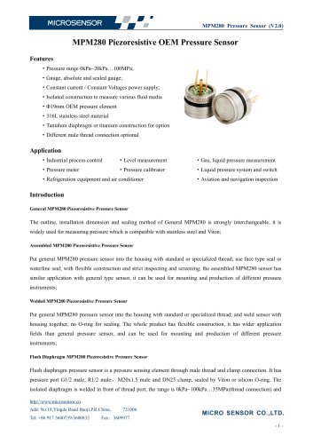 Micro Sensor Anti-corrosive Pressure Sensor MPM280