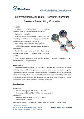 MPM/MDM484AZL Digital PressureDifferential Pressure Transmitting Controller