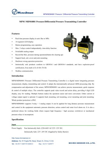 MPM/MDM4881 PressureDifferential Pressure Transmitting Controller