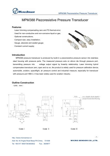 MPM388 Piezoresisitve Pressure Transmitter