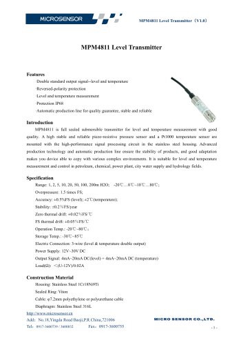 MPM4811 Level Transmitter with Temperature Output