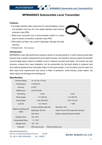 MPM489WZ3 Submersible Level Transmitter