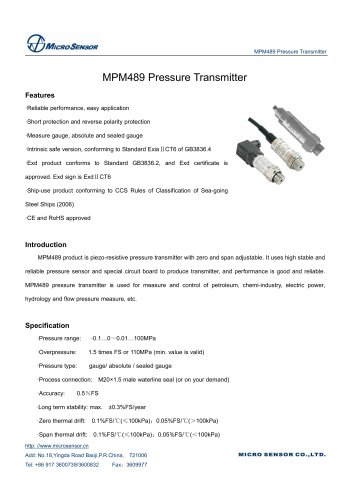 Water Tank Small Size Pressure Sensor MPM489