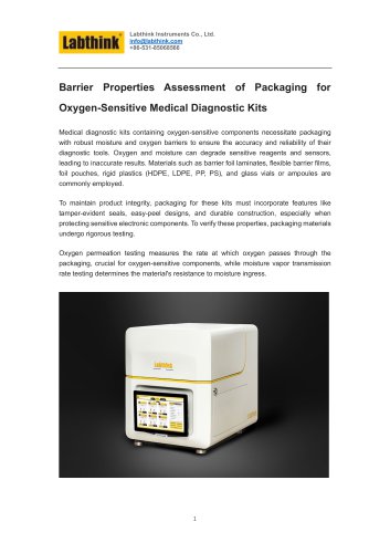 Barrier Properties Assessment of Packaging for Oxygen-Sensitive Medical Diagnostic Kits