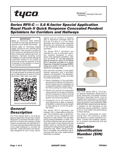 Series RFII-C &mdash; 5.6 K-factor Special Application Royal Flush II Quick Response Concealed Pendent Sprinklers for Corridors and Hallways