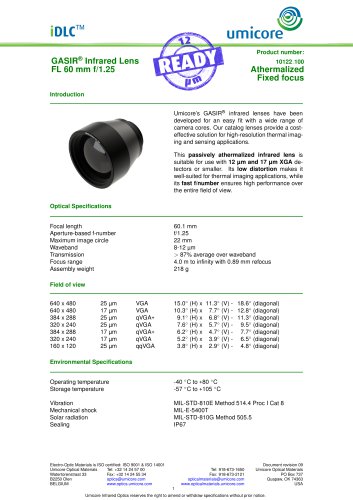 60 mm f/1.25 - Athermalized Infrared Lens