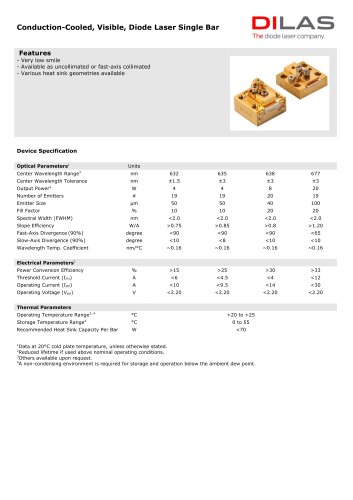 Conduction-Cooled, Visible, Diode Laser Single Bar