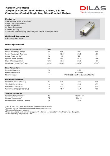 MF Narrow Line Width Conduction-Cooled, Fiber-Coupled