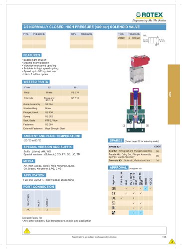 2 Port Normally Closed, High Pressure ( 400 Bar ) Solenoid Valve