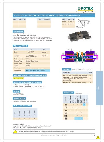 5 Port Direct Acting ON / OFF / Regulating , Namur Solenoid Valve