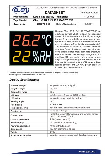 Air temperature and humidity monitor - CDN 100 TH R/Y L20 230AC TCP/IP