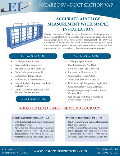 DSV Air Flow Element - Square Ducts: Cut Sheet