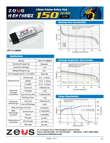 LIPO 1S 150MAH, 3.7V 15C Ultra Micro RC LiPo Battery Pack