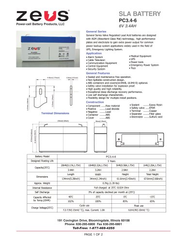 PC3.4-6, 6 Volt 3.4 Ah Sealed Lead Acid Battery