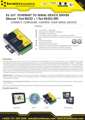 ES-357 1 Port RS232 and 1 Port RS422/485 Ethernet to Serial Adapter