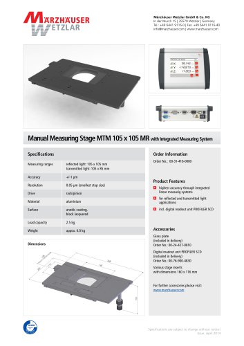 Manual Measuring Stage MTM 105 x 105 MR with Integrated Measuring System