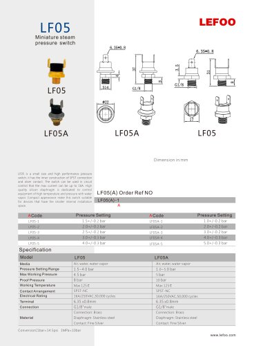 LEFOO PRESSURE SWITCH/LF05/Miniture steam/water vapor/stainless steel