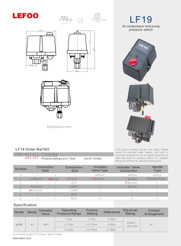 LEFOO pressure switch/ LF19/ for water pump/ for air compressor/ tank