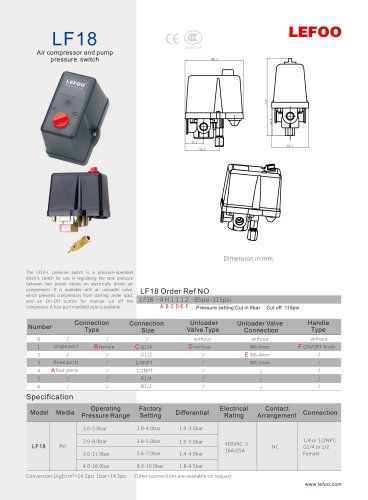 LEFOO PRESSURE SWITCH/ THREE PHASE/ for tank/ for water pump/ for air compresspor/LF18