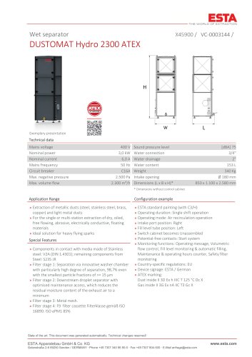 Datasheet DUSTOMAT HYDRO 2300 ATEX