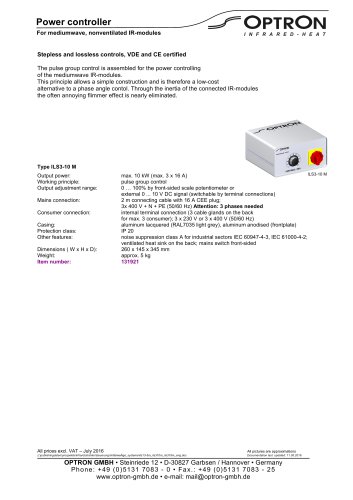 power controller for medium wave, nonventilated IR-modules