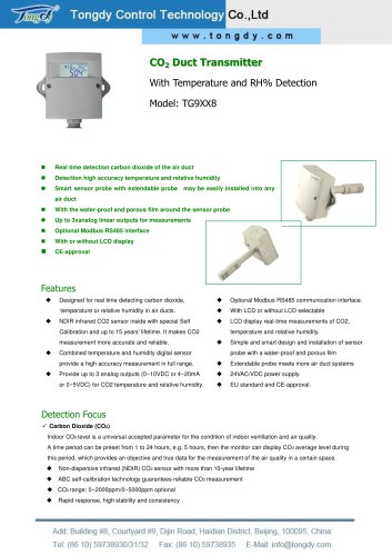 TG9XX8 series Duct mount CO2 transmitter for ventilation | Tongdy®