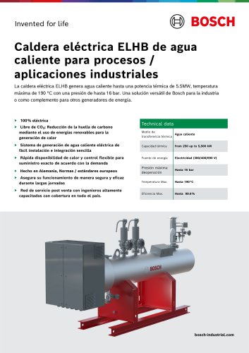 Caldera el&eacute;ctrica ELHB de agua caliente para procesos / aplicaciones industriales