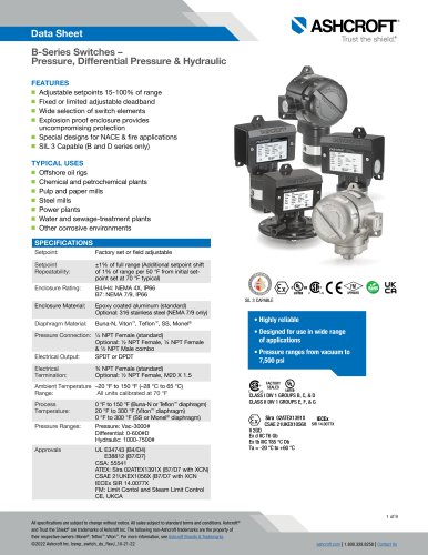 B-Series Switches –  Pressure, Differential Pressure & Hydraulic