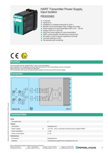 HART Transmitter Power Supply, Input Isolator FB3205B3