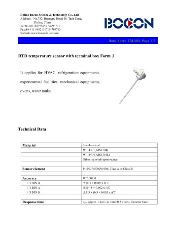 RTD temperature sensor for HVAC/ refrigeration/mechanical equipment Form J-TM1401